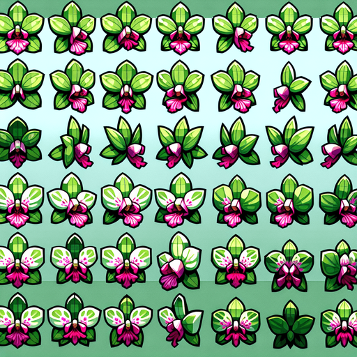 A sprite sheet of different green orchids with pink streaks seen from above. Cartoon. All similar size. Just the blossom. Bold colors and shading. 
Single Game Texture. In-Game asset. 2d. Blank background. High contrast. No shadows.