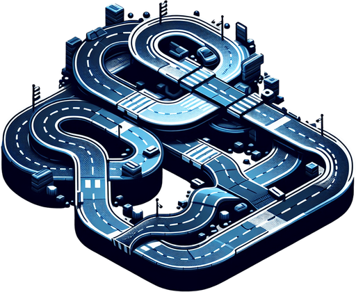 A road going left turn right turn speed pump & obstacle.
Single Game Texture.  In-Game asset.  Blank background.  High contrast.  No shadows