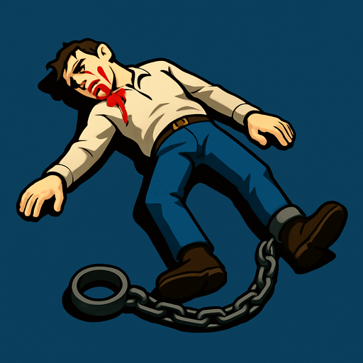 dead body on the ground, a chain on his leg (no ground).
In-Game asset.  High contrast.  No shadows. 3D