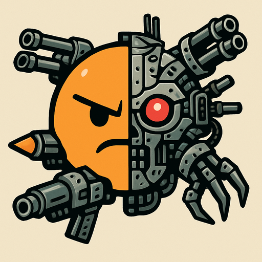 an orange circle with half of it being a cyborg and it is equiped with lots of weaponary.
In-Game asset.  2d.  High contrast.  No shadows