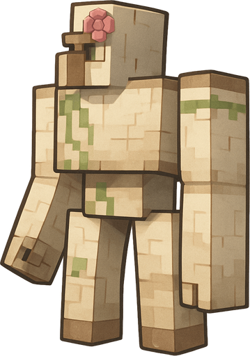 Minecraft iron golem facing left with a pink flower on his forehead. Full body.
2d. Cool.
