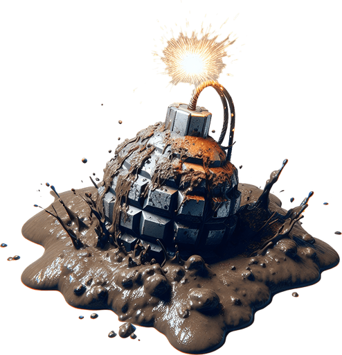sparking bomb inside MUD HOLE.
Single Game Texture. In-Game asset. 2d. Blank background. High contrast. No shadows.