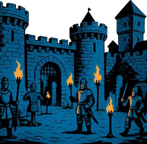 A medieval castle courtyard at dusk, guards patrolling, torches lit, training dummies and old carts, surrounded by stone walls and towers.
In-Game asset.  2d.  High contrast.  No shadows