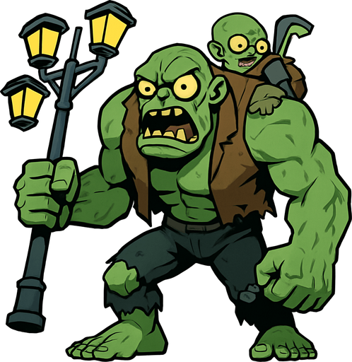 Un zombi gigante y musculoso de piel verdosa. Viste un chaleco marrón roto y pantalones oscuros desgarrados, dejando ver parte de sus piernas. En su mano derecha, blande un poste de luz improvisado con cuatro farolas, usándolo como arma. Sobre su espalda, lleva a un zombi pequeño, sujeto por unas correas. Sus ojos son grandes y saltones, y su boca está abierta mostrando una dentadura irregular, dándole una expresión de furia..
In-Game asset.  2d.  High contrast.  No shadows