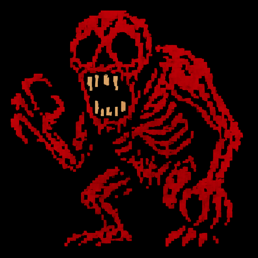 Make a horrifying 8 bit monster that is very scary and disturbing.
In-Game asset.  2d.  High contrast.  No shadows