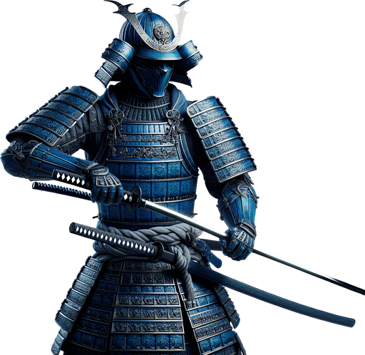 blue armored samurai with long katana.
Single Game Texture.  In-Game asset.  Blank background.  High contrast.  No shadows