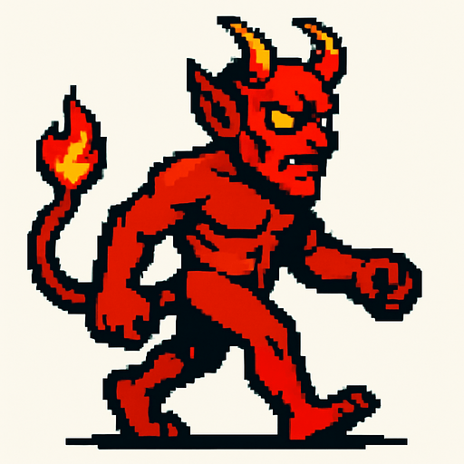 sağdan sola yürüyen bir  cehennem şeytanı.
In-Game asset.  2d.  High contrast.  No shadows