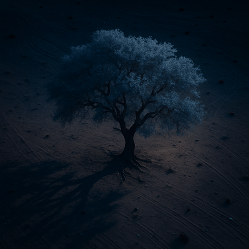 Photorealistic desert tree at night, bird view