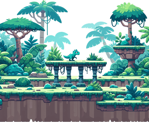 2d platfrom game background with a platform in the middle of the screen all wide resembling a jurassic world.
Single Game Texture.  In-Game asset.  2d.  Blank background.  High contrast.  No shadows