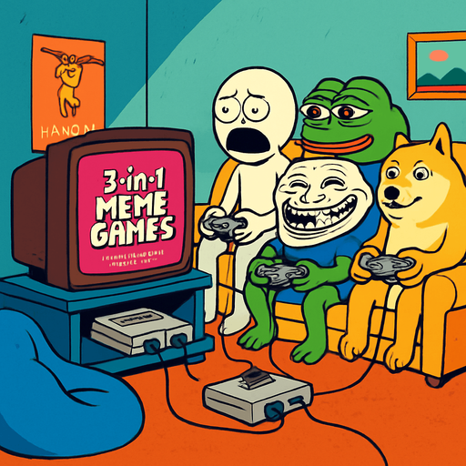 a ’90s-retro living room: bean-bag, Super Nintendo wired to the tube TV, “3-in-1 Meme Games” written  on-screen, while a mix of meme characters crash the couch mashing SNES controllers wired to the super nintendo.
In-Game asset.  2d.  High contrast.  No shadows