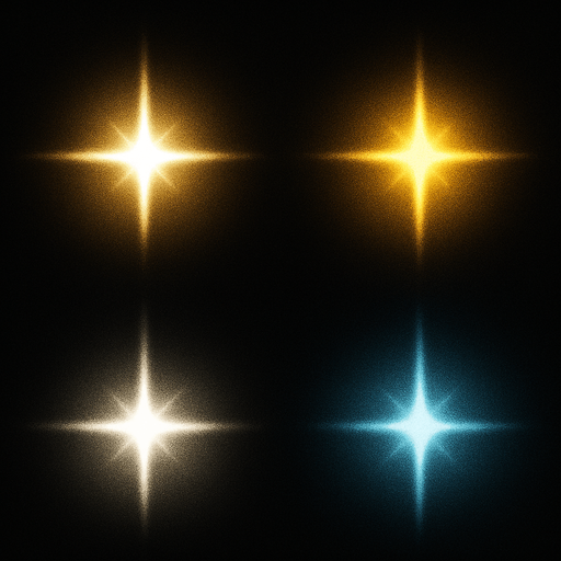 Bright, dense star-like points

```
- Center: Brilliant white core (8x8 pixels)
- Glow: Yellow-white gradient extending to edges
- Intensity: Very bright, sharp center with soft falloff
- Shape: 4-pointed star or cross pattern
- Color variants: White, yellow, light blue.
In-Game asset.  2d.  High contrast.  No shadows