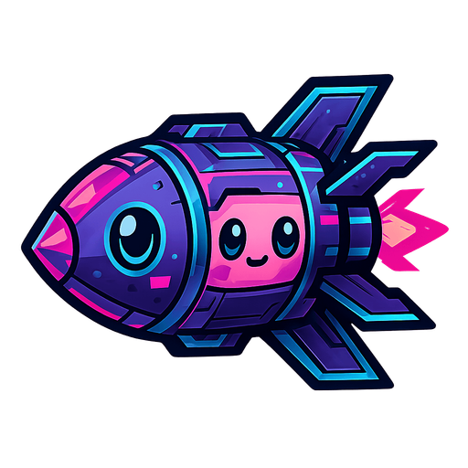 cyberpunk styled missile, facing left, cute chibi face on it.
In-Game asset.  2d.  High contrast.  No shadows