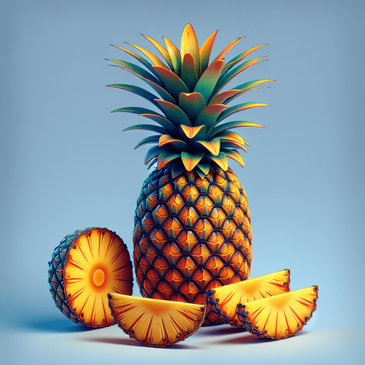 A pineapple with a few slices of pineapple in front.
Single Game Texture. In-Game asset. 2d. Blank background. High contrast. No shadows.