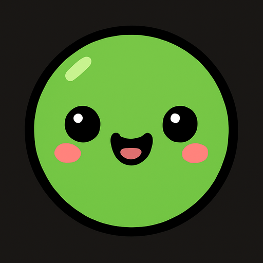 crea la imagen de una pelotita simple con una carita kawai verde.
In-Game asset.  2d.  High contrast.  No shadows