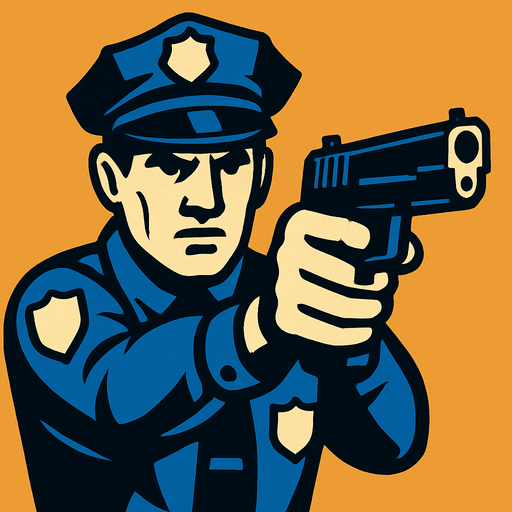 A police officer with a gun in his hand and ready to shoot.
In-Game asset.  2d.  High contrast.  No shadows