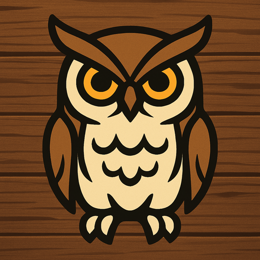 Owl Image with wooden background.
In-Game asset.  2d.  High contrast.  No shadows