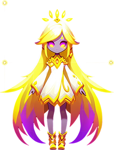 Doll fyn glowing yellow and purple.
Single Game Texture. In-Game asset. 2d. Blank background. High contrast. No shadows.
