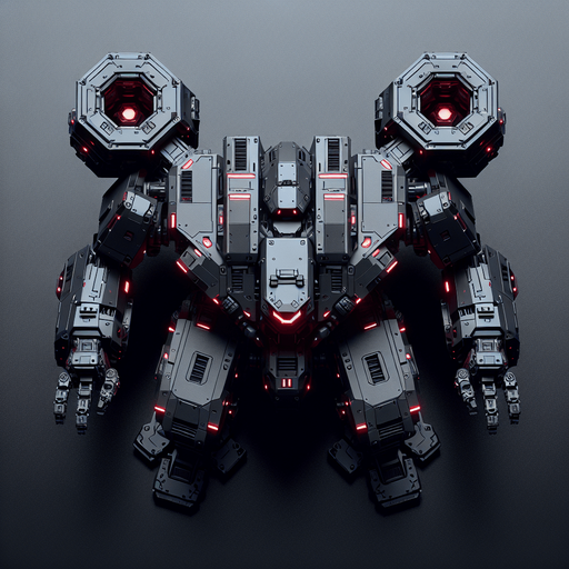 Overhead view. A heavily armored attack robot. Two arms with large gauntlet type fists. Four large red glowing eyes. Three distinct parts, body and two arms. Symmetrical design. Birds Eye view above them looking down on their head. Simple shapes. Low detail. Cyberpunk, black with red glowing highlights..
Single Game Texture. In-Game asset. 2d. Blank background. High contrast. No shadows.
