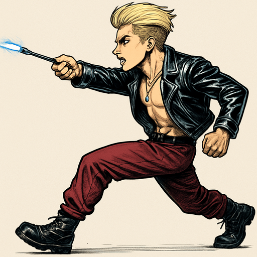 Cyberpunk manga, side profile view running animation frames, shiny black leather biker jacket longsleeves shirtless thin abs pecs necklaces gemstone tipped wand, action shot wand pointed straight in front arm extended wand casting spell fierce fashion pose animation blonde undercut pompadour, vampire fangs, wine red joggers, combat boots, Background removed, "Full-body character, entirely in frame, no cropping of face, head, or feet" "Complete character visible, from head to toe, fully centered in the image" "Entire character, including face and boots, fully within the frame" Character fully contained within a square frame, no edges cut off,