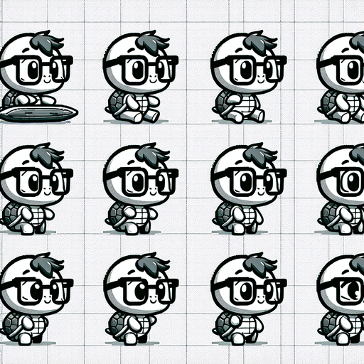 A spritesheet with a number of poses of an happy little turtle with strong eye-glasses, carrying a vertically oriented surfboard,, smiling, walking, waiting, standing, ordering, turning, etc. all seen from the side.The spritesheet should be laid out in a rectangular grid with clear space between each individual sprite. Each sprite in the sheet should be around 300x600 pixels in size.
Single Game Texture. In-Game asset. 2d. Blank background. High contrast. No shadows.