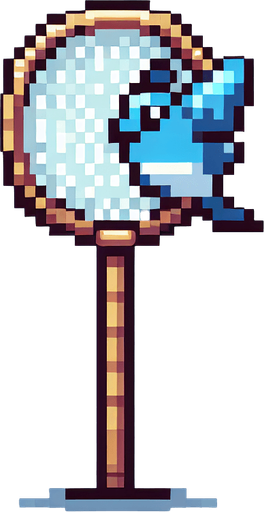 pixel butterfly catcher tool, standing straight, the net facing right.
Single Game Texture. In-Game asset. 2d. Blank background. High contrast. No shadows.