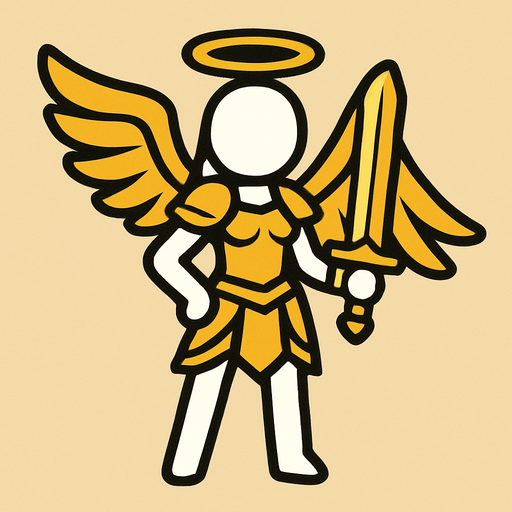 White female stickman that is an angel with golden armor and a heavenly sword.
In-Game asset.  2d.  High contrast.  No shadows