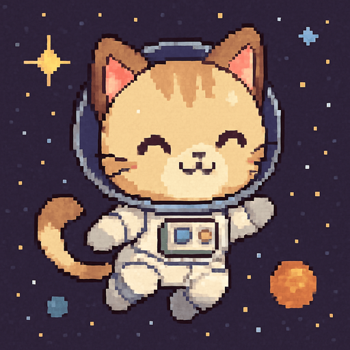 A cute chibi-style anime kitten, dressed in an astronaut suit and drifting through the universe, rendered in Pixel Art.