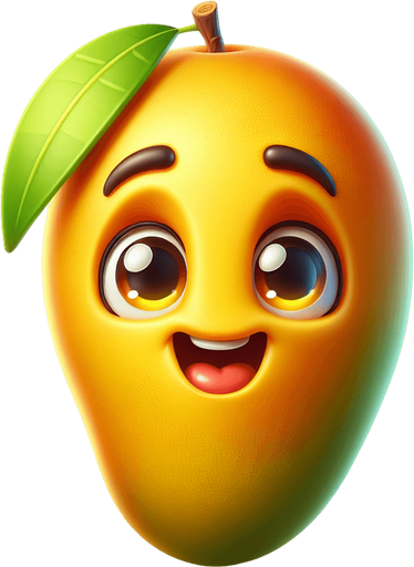 mango fruit  with eye and mouth animation..
Single Game Texture.  In-Game asset.  2d.  Blank background.  High contrast.  No shadows