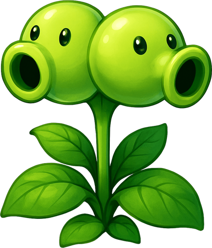 Forma general: Es una planta con un tallo central del que brotan hojas y, en la parte superior, tiene dos "cabezas" o vainas de guisante.

Color: Predomina un color verde claro brillante en todo el cuerpo de la planta, con algunas sombras que le dan volumen y realismo. Las hojas y el tallo son de un verde ligeramente más oscuro.

Cabezas/Vainas: Tiene dos vainas de guisante esféricas unidas, dispuestas una al lado de la otra. Cada una de ellas actúa como un cañón:

Orificios de disparo: Ambas vainas tienen una abertura frontal redonda y oscura, que es por donde disparan los guisantes.

Ojos: Cada vaina tiene dos pequeños ojos oscuros, similares a cuentas, que le dan una expresión curiosa o atenta.

Hojas: En la base de las vainas y a lo largo del tallo, hay varias hojas grandes y ovaladas de color verde oscuro, con nervaduras visibles.

Estilo artístico: La imagen tiene un estilo más renderizado y detallado que las ilustraciones típicas del juego, con un sombreado suave que le da una a.
In-Game asset.  2d.  High contrast.  No shadows