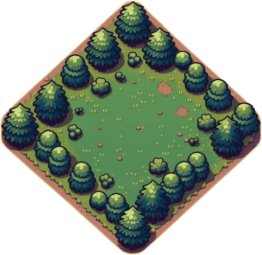 top down forest clearing with small bushes..
Single Game Texture. In-Game asset. 2d. Blank background. High contrast. No shadows.
