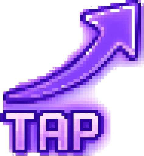 A pixel art arrow starting from a glowing "TAP" label in retro pixel font, pointing diagonally from the bottom right toward the upper left, as if guiding the player to tap that area. The arrow is sleek, with a smooth curve or angled segments, styled in purple or violet neon tones with a soft glow effect. The design matches a lo-fi rhythm game aesthetic. The "TAP" label is positioned at the tail of the arrow and glows subtly. No background — transparent..
In-Game asset.  2d.  High contrast.  No shadows