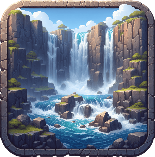 bg of rocks waterfall.
Single Game Texture.  In-Game asset.  2d.  Blank background.  High contrast.  No shadows