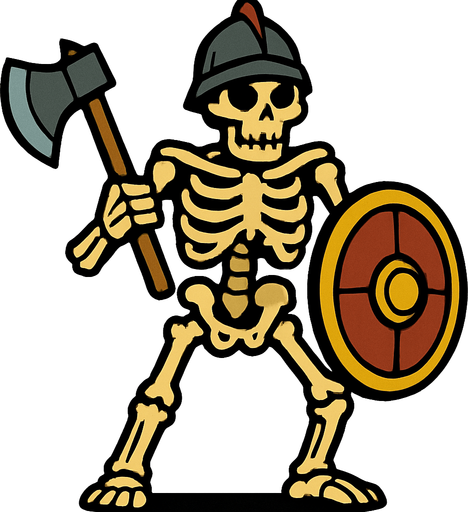 un esqueleto grande, con un hacha, un caso y escudo.
In-Game asset.  2d.  High contrast.  No shadows