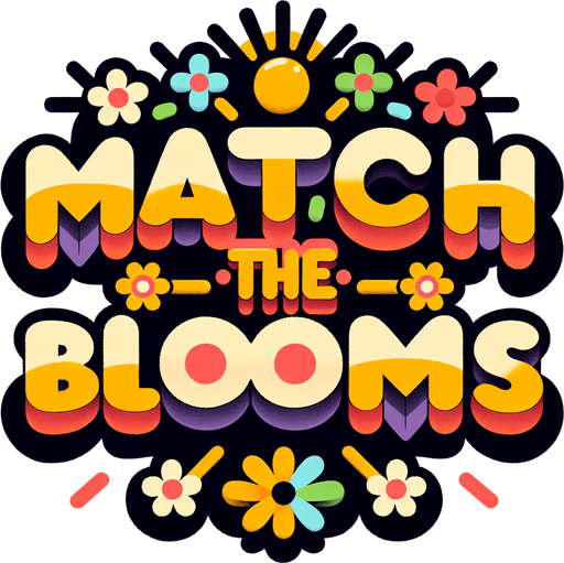 Create an SVG text design for "Match the blooms" in bold cartoon style with chunky rounded letters. Add sun rays and small flower details in warm, vibrant colors.​​​​​​​​​​​​​​​​.
Single Game Texture. In-Game asset. 2d. Blank background. High contrast. No shadows.