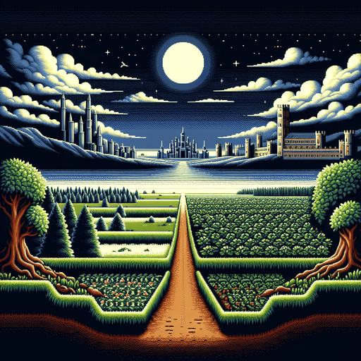 2d classic landscape. night sky .horizontaly soil surface road.  far distance meadow wit dark green meadow and epic medieval city.
Single Game Texture.  In-Game asset.  2d.
