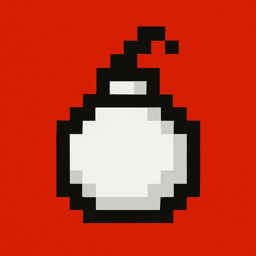 una bomba redonda, color blanco con bordes de color negro, es pixeleada de 16x16 (la imagen tiene fondo rojo).
In-Game asset.  2d.  High contrast.  No shadows