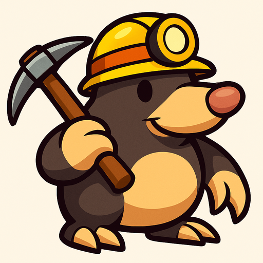 Mole with a minerer's hat and a pickaxe.
In-Game asset.  2d.  High contrast.  No shadows