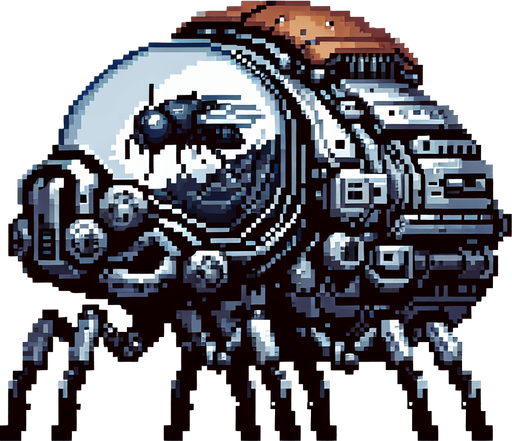 Genera un robot con una cupula de cristal donde se vea una mosca, de resto genera un cuerpo totalmente robotico de un escarabajo blindado en pixel art mirando hacia la izquierda.
Single Game Texture.  In-Game asset.  2d.  Blank background.  High contrast.  No shadows