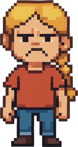 bad regular frown casual girl kid blonde hair braided full body 2d pixel art.
In-Game asset.  2d.  High contrast.  No shadows