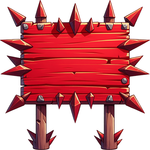 A dangerous bright red wooden message board with long spikes on all sides. Views straight from the front as an interface element..
Single Game Texture. In-Game asset. 2d. Blank background. High contrast. No shadows.