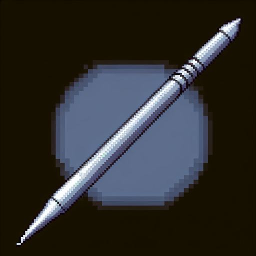 pixelart. a javelin used for olympic games and athletics. Just the spear itself, horizontally laid out in the image. It should be a slim metal spear, pointy in both ends, and with a grip somewhere off center of the shaft..
Single Game Texture. In-Game asset. 2d. Blank background. High contrast. No shadows.