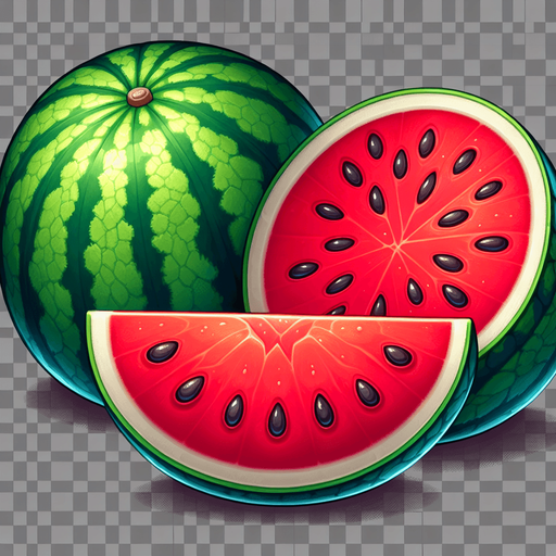 sliced watermelon fruit into two left side one and rightside one.
Single Game Texture.  In-Game asset.  2d.  Blank background.  High contrast.  No shadows
