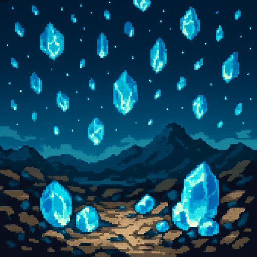 Gran paisaje con piedras brillantes azules callendo del cielo , pixelart.
In-Game asset.  2d.  High contrast.  No shadows