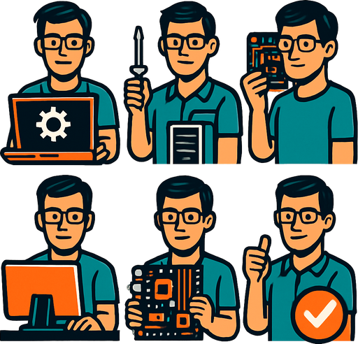 Bilgisayar teknikeri personel, 6 farklı resim olsun..
In-Game asset.  2d.  High contrast.  No shadows