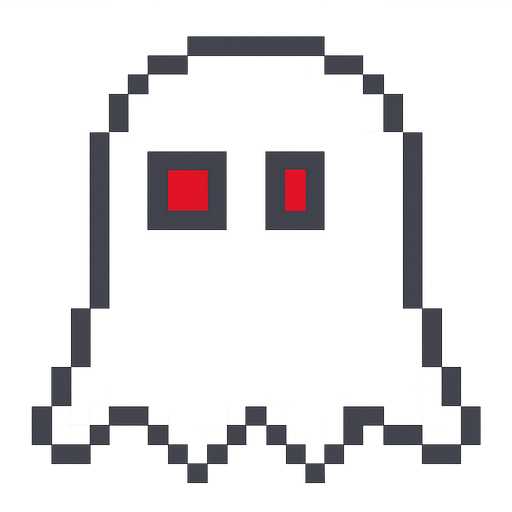 White ghost with red eyes pixel. No background. Transparent background. Blank background. No shadows. 2d. In-Game asset. flat