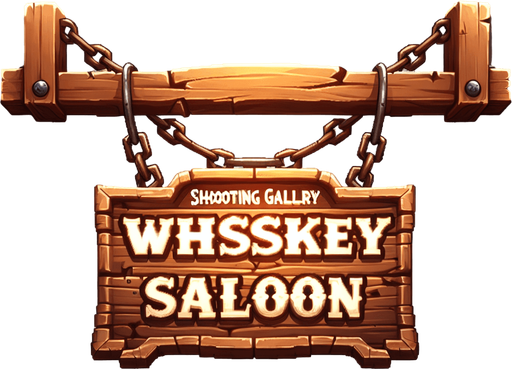 front facing western shooting gallery wooden sign hanging from chains that is written "Whiskey Saloon".
Single Game Texture. In-Game asset. 2d. Blank background. High contrast. No shadows.