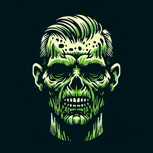 stylized green zombie head.
Single Game Texture. In-Game asset. 2d. Blank background. High contrast. No shadows.