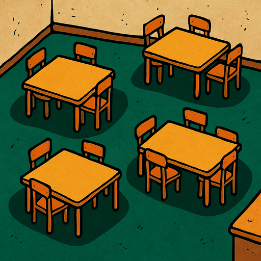 kuş bakışı birkaç masası olan bir oda.
In-Game asset.  2d.  High contrast.  No shadows