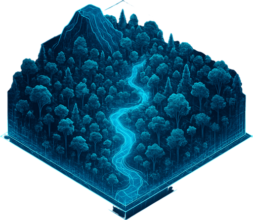 Top down isometric cyberpunk simulation hologram grid projection forest biome, wilderness dense foliage wild rainforest mountain river