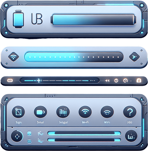 A 2D top UI bar for a mobile phone interface, designed with a futuristic aesthetic. The bar is flat and minimalistic, stretching horizontally across the top of the screen. On the right side, a simple battery icon is displayed, filled to indicate the charge level. The rest of the bar features small, clean icons for signal strength, Wi-Fi, and notifications, along with a digital clock in a modern, futuristic font. The design is clean and functional, with subtle accents like soft blue highlights to give it a slightly futuristic feel while keeping it simple and UI-focused..
Single Game Texture. In-Game asset. 2d. Blank background. High contrast. No shadows.